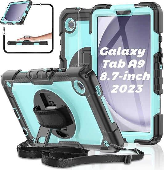 Case for Samsung Galaxy Tab A9 Tablet Case 8.7 inch 2023 [with Tempered Glass Screen Protector], Rotating Kickstand/S Pen Holder/Shoulder & Hand Strap (SkyBlue)
