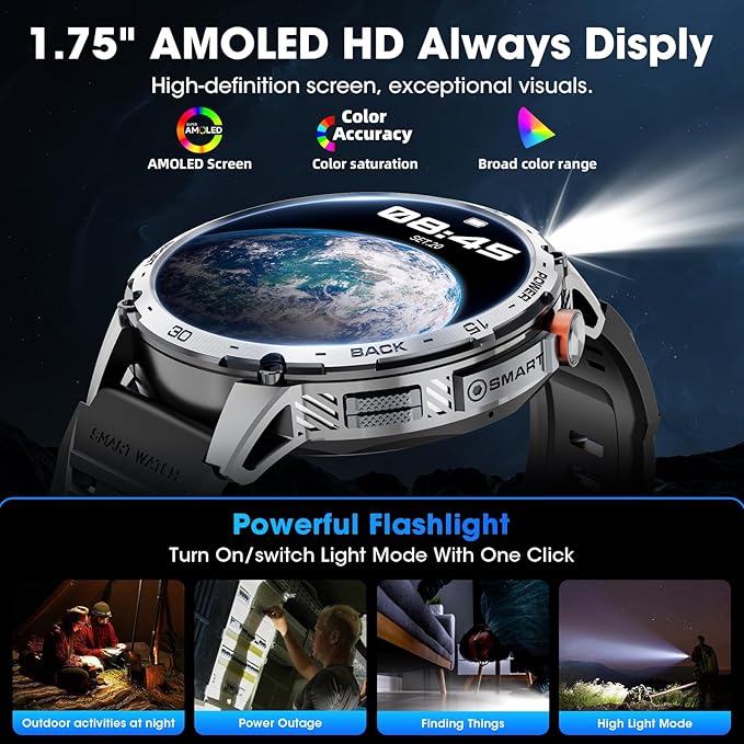 Military Smart Watch for Men 1.75" HD AMOLED Display 730mAh Battery Smart Watches with LED Flashlight for Android iOS（Bluetooth Call Answer/Dial Calls） Fitness Tracker with Heart Rate