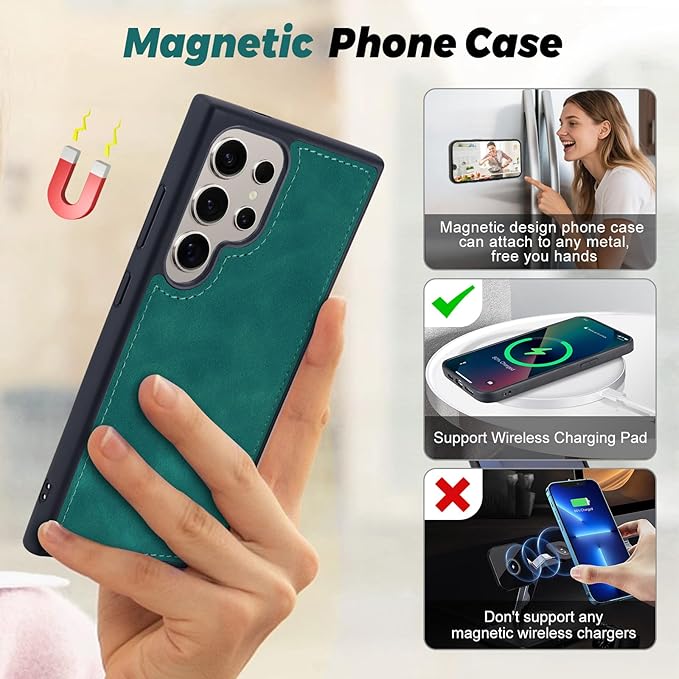 TwoHead for Samsung Galaxy S24 Ultra Wallet Case with Card Holder & Detachable Magnetic Phone Case for Galaxy S24 Ultra,PU Leather Shockproof Protective Phone Cover Wallet(6.8 in,Green)