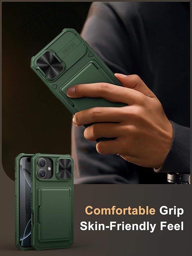 Vihibii for iPhone 16 Plus Case with Card Holder (4 Cards) [RFID Blocking] & Slide Camera Cover, Military Grade Drop Protection, Rugged Hard Back & Silicone Edge Wallet Phone Cover, 6.7" 2024, Green