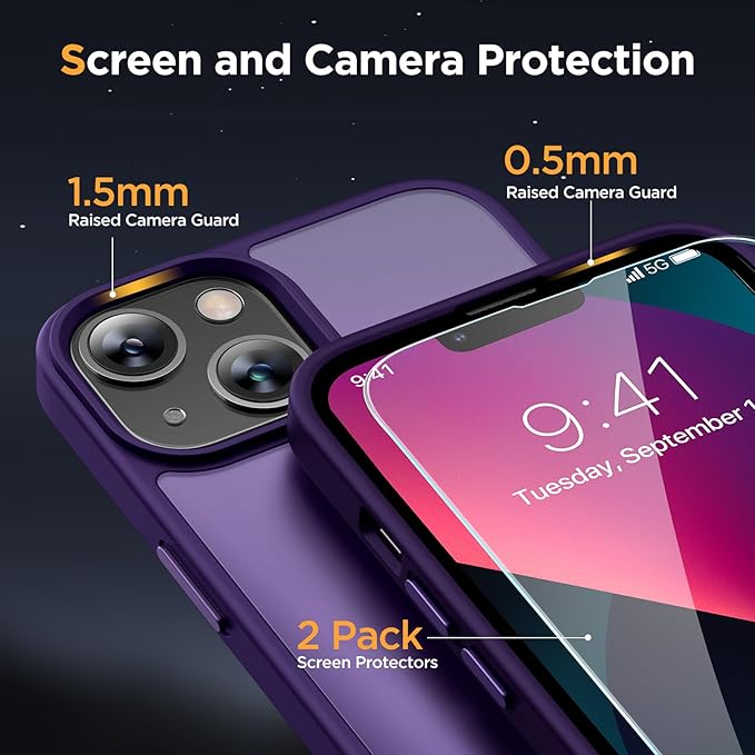 Miracase Magnetic for iPhone 13 Case 6.1 inch (Compatible with MagSafe)（with 2X Screen Protectors） Military-Grade Protection, Anti-Fingerprint Translucent Matte Phone Case Cover, Dark Purple