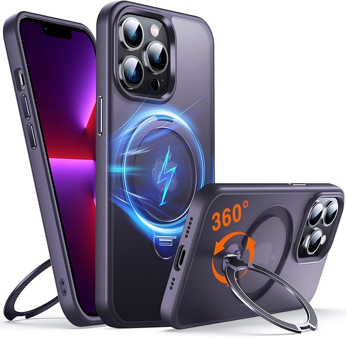 360° O-Ring MagStander for iPhone 13 Pro Case with Magnetic Kickstand Ring Holder [Compatible with MagSafe][360°Rotate Stand Ring][Military Shockproof] iPhone 13 Pro Phone Cover Matte Purple