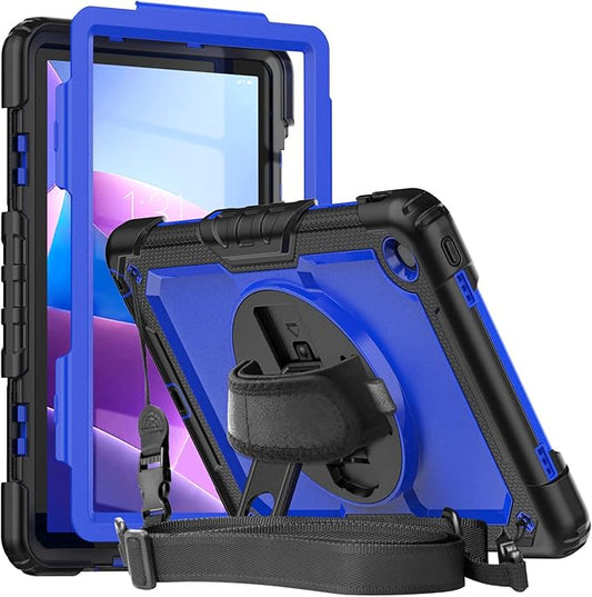 Herize Case for Tab M10 Plus Gen 3 with Screen Protector | Lenovo M10 Plus Case TB125FU/TB128FU/TB128XU with 360 Swivel Stand and Hand Strap | Heavy Duty Blue Cover