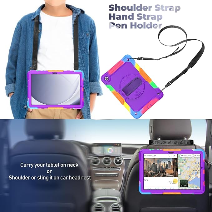 BLOSOMEET Purple Case for Samsung Galaxy Tab A9 Plus 2023 with Tempered Glass Screen Protector Pencil Holder Hand Strap&Stand,Kids Cover for Galaxy Tablet A9 Plus with Shoulder Strap