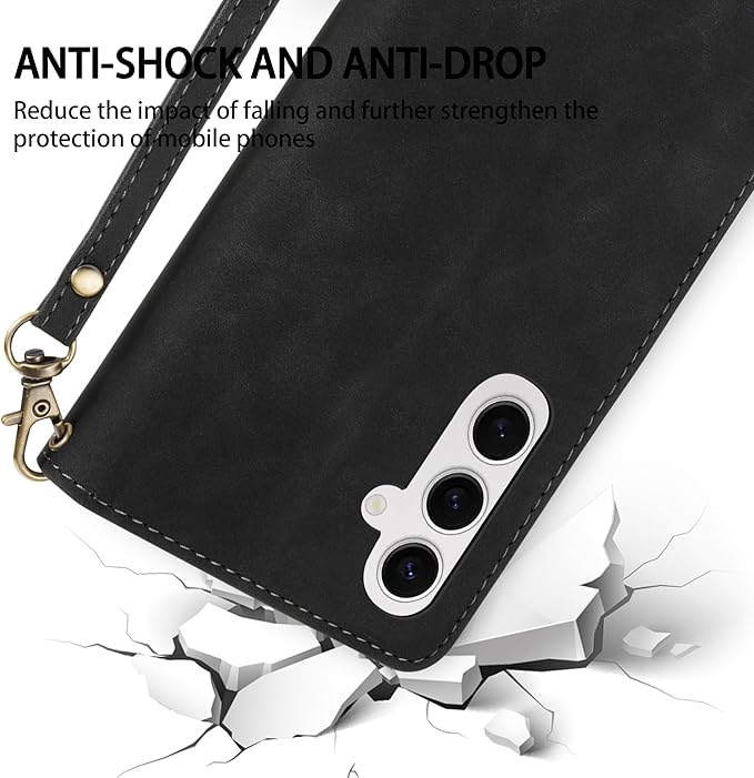 ZZXX for Samsung Galaxy S24 Wallet Case with RFID Blocking Card Slot PU Leather Zipper Flip Folio with Strap Kickstand Protective Cover for Samsung Galaxy S24 Case Wallet(Black-6.2 inch)