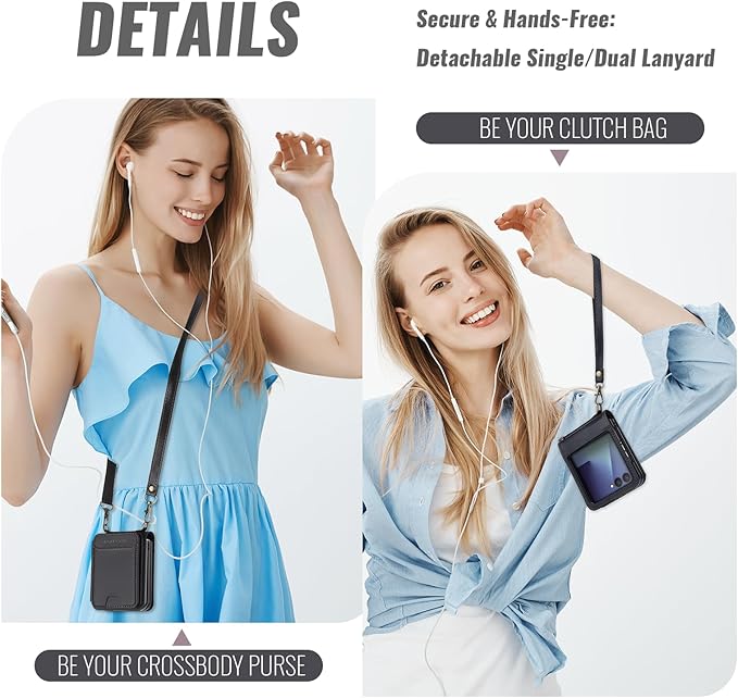 ASAPDOS for Samsung Galaxy Z Flip 7 PU Leather Wallet Phone Case with Card Slots (Holds 5 Cards), Anti-Drop Protection, Wrist & Shoulder Strap Black