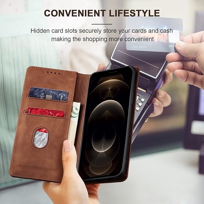 Jasonyu Flip Wallet Case for iPhone 12 Pro Max,Leather Magnetic Folio Cover with Card Holder,Kickstand - TPU Shockproof Durable Protective Phone Case,Brown