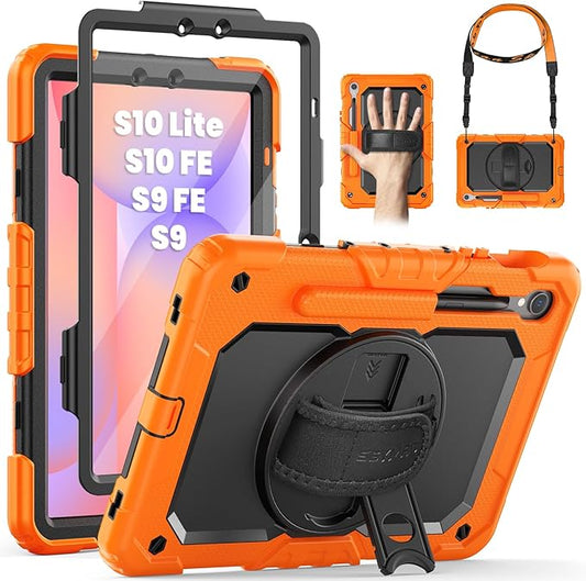 SEYMAC Case for Samsung Galaxy Tab S10 Lite/ S10 FE/ S9 FE/ S9 5G (10.9''/11''), Heavy Duty Shockproof Protective Case with Screen Protector, Rotating Stand, Hand Strap and Pen Holder, Orange