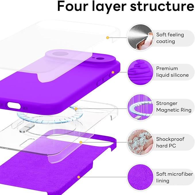 Vooii Magnetic Compatible with iPhone Air Case (Compatible with Magsafe) (Upgraded Camera Protection) Liquid Silicone Shockproof Full Body Protective Phone Cover for Women Men, Neon Purple, 6.5"