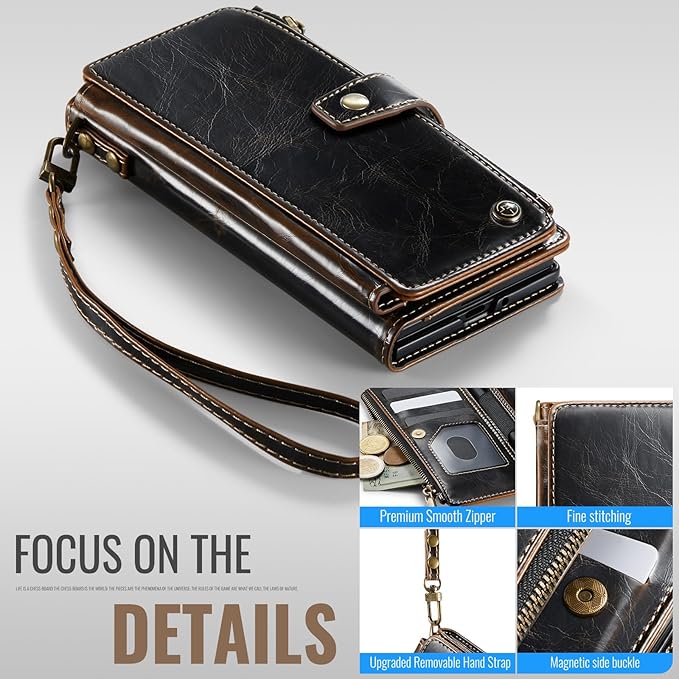 Vinich for Samsung Galaxy Z Fold 7 Wallet Case with Card Holder, Detachable Strap RFID Blocking Credit Slots Kickstand Shockproof Phone Cover for Women Men, Luxury Coffee