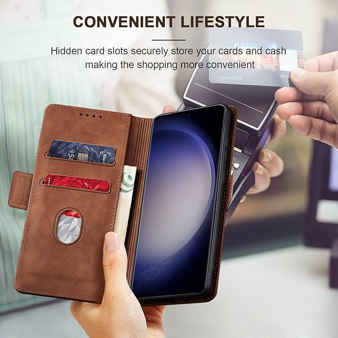 Jasonyu Flip Wallet Case for Samsung Galaxy S23 Ultra 5G,Leather Magnetic Folio Cover with Card Holder,Kickstand - TPU Shockproof Durable Protective Phone Case,Brown