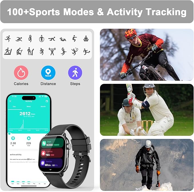 Smart Watches for Men Women, 1.85'' AMOLED HD Fitness Tracker with 100+ Sports Modes, Smartwatches with Bluetooth Call/Heart Rate/Sleep Monitor/Pedometer, IP68 Waterproof Watch for Swimming, Black