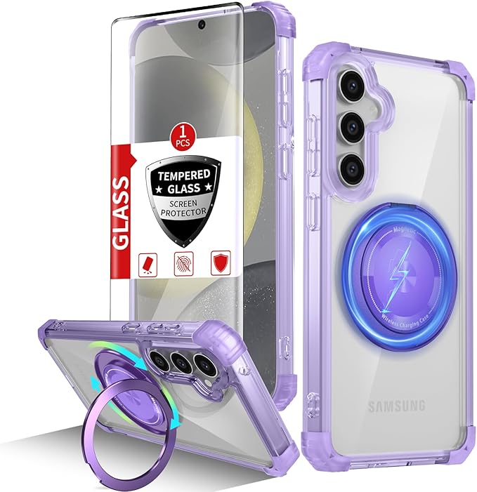 for Samsung Galaxy S24 Case Magnetic Compatible with MagSafe Wireless charging,with 360°Kickstand Ring,for S24 Phone Case with Screen Protector,Military Grade Drop Protection Shockproof Purple
