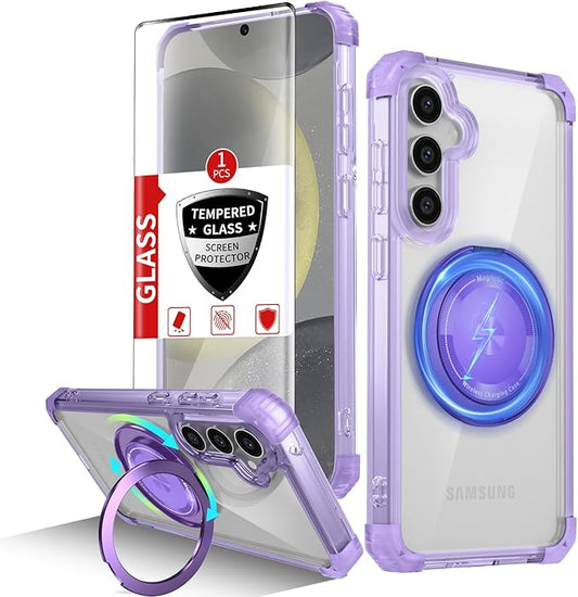 for Samsung Galaxy S24 Case Magnetic Compatible with MagSafe Wireless charging,with 360°Kickstand Ring,for S24 Phone Case with Screen Protector,Military Grade Drop Protection Shockproof Purple
