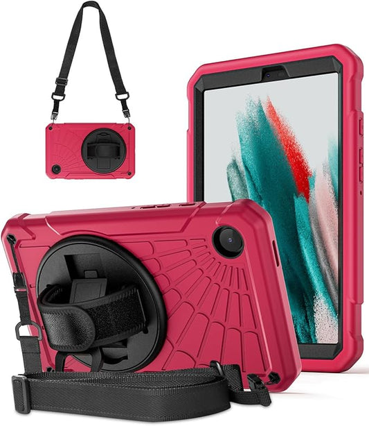 Case for Samsung Galaxy Tab A9 8.7 Inch 2023, 360° Rotating Stand, Hand Strap&Shoulder Strap Case for Samsung A9 Tablet(SM-X110/X115/X117) (Rose Red)