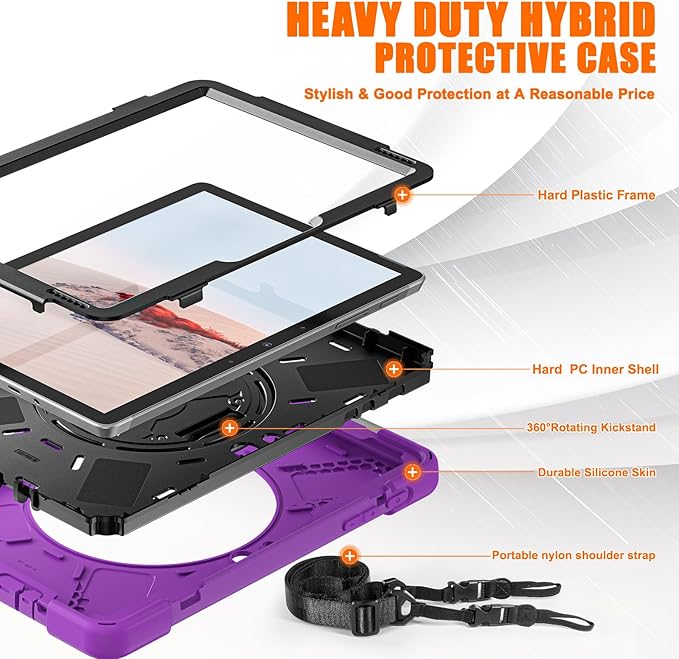 ZenRich Rugged Case for Surface Go 4 (2023)/Surface Go 3 (2021)/ Surface Go 2 (2020), Surface Go (2018) with Pen Holder Heavy Duty Shockproof Case with Stand Hand Strap and Shoulder Belt-Purple