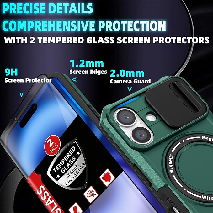 for iPhone 16 Case Magnetic Compatible with MagSafe Wireless Charging,with 2 Screen Protectors,for 16 Case Built-in Kickstand+Camera Cover Anti-Scratch Shockproof Heavy Duty Protection Green