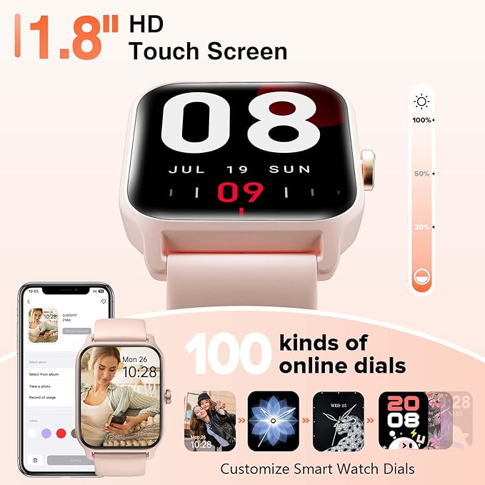 Smart Watch for Women Men, Smartwatch 1.8'' Alexa Fitness Tracker IP68 Waterproof Smart Watches for Women Compatible for Android & iOS with Bluetooth Calls, IP68 Heart Rate/Sleep/SpO2 Monitor, 110+