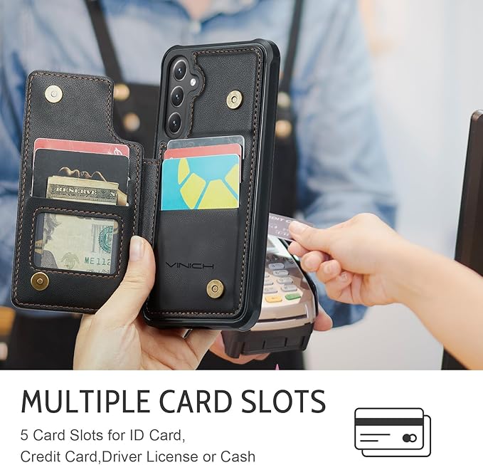 Vinich for Samsung Galaxy S24 FE Wallet Case with Card Holder, RFID Blocking Credit Slots Kickstand Shockproof Phone Cover for Women Men, Black