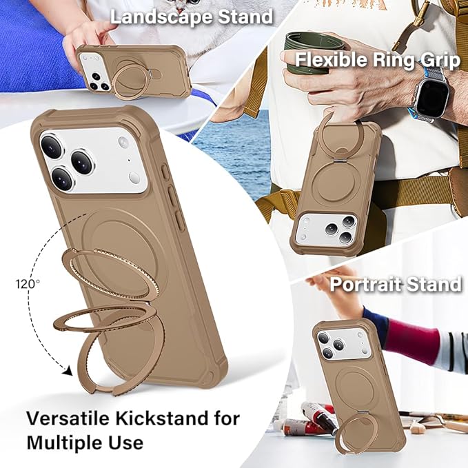 Designed for iPhone 17 Pro Max Case with Magnetic Stand [Military Drop Protection][Compatible with Magnet] Shockproof 17 Pro Max Phone Case with Ring Holder, Khaki