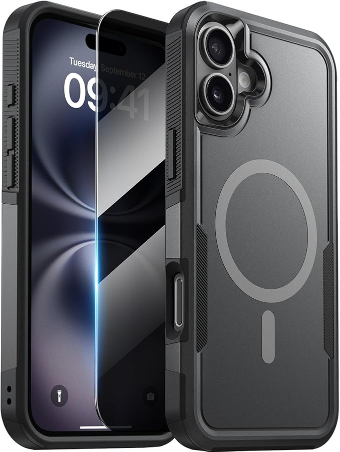 Diaclara Designed for iPhone 16 Case, [with Privacy Screen Protector] [Anti Spy] [Military Grade Drop Protection] Heavy Duty Full-Body Shockproof Phone Case, Magnetic Black