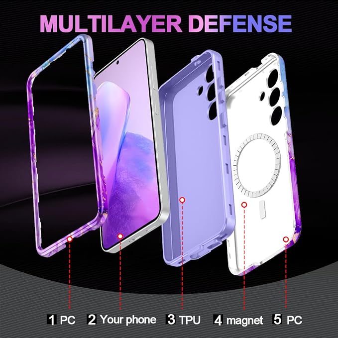 Casetego for Galaxy S25 Case,Compatible with MagSafe,[Military Grade Drop Test] Full Body Protection Slim Shockproof Rugged Marble Women Case for Samsung Galaxy S25 6.2 inch,Bright Purple