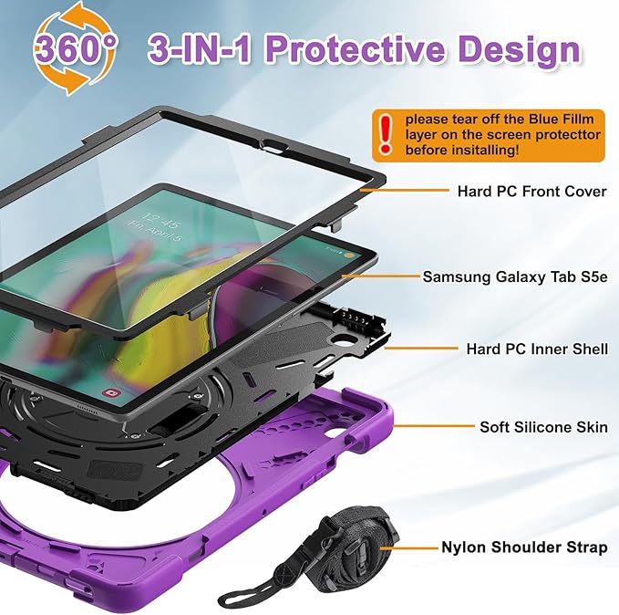 BRAECNstock for Samsung Galaxy Tab S5e Case 10.5 inch 2019 (SM-T720/T725/T727) Shockproof Protective Galaxy S5e Tablet Kids Case with Screen Protector Pen Holder Rotating Stand & Hand Strap - Purple