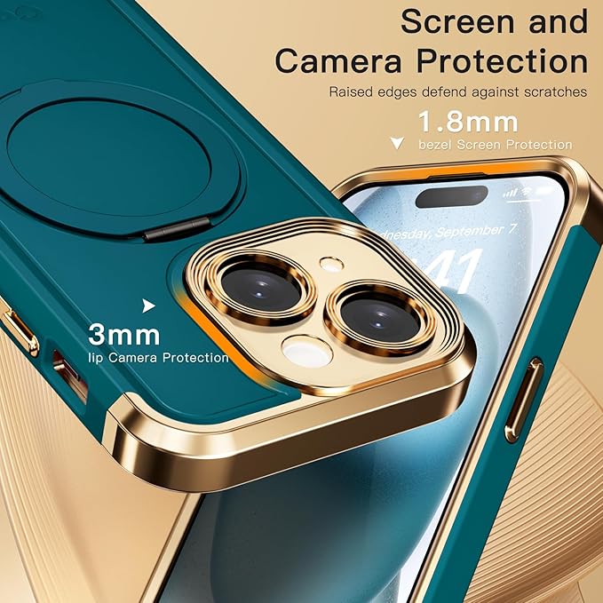 COOLQO for iPhone 14 Case 6.1'' Upgraded 360° Spin Magnetic Stand [Compatible with Magsafe][Military Grade Drop Protection] Shockproof Protective Phone Holder Cover for iPhone 14, Green Gold