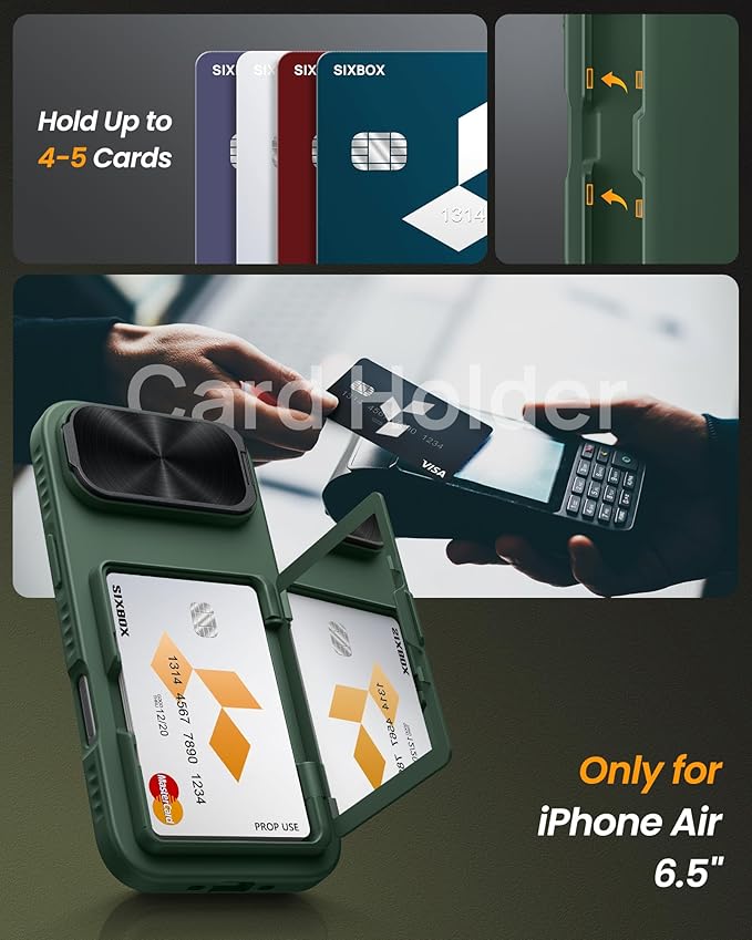 for iPhone Air Case Wallet with Stand, Built-in Card Holder & Camera Cover, Military Grade Drop Protection Raised Edge Rugged Hard Protective Phone Cover Case for iPhone Air 6.5" 2025, Green