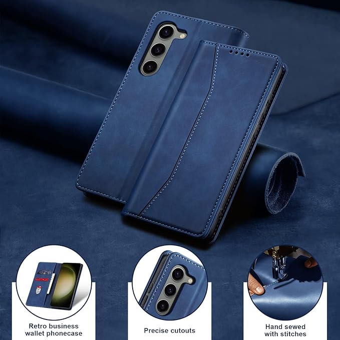 Jasonyu Flip Wallet Case for Samsung Galaxy S23 5G,Leather Magnetic Folio Cover with Card Holder,Kickstand - TPU Shockproof Durable Protective Phone Case,Blue