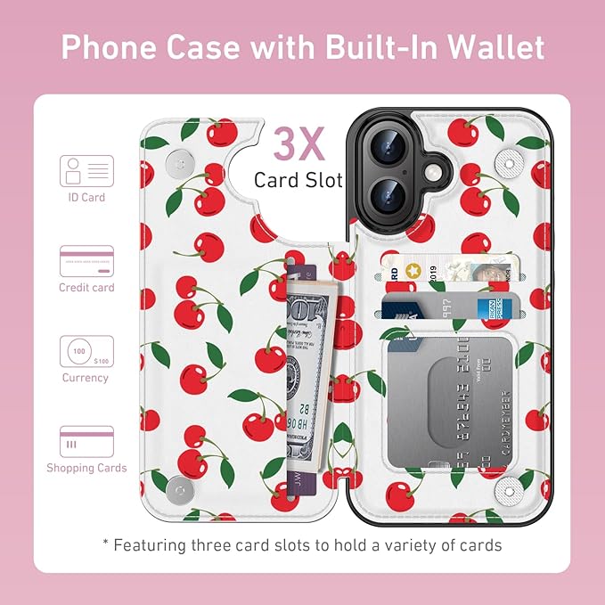 FUNMIKO for iPhone 16 Wallet Case with Card Holder, RFID-Blocking, Military-Grade Protection & UV-Printed Artwork, Magnetic Closure with Leather Kickstand - Juicy Cherries