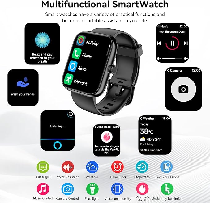 Smart Watch with Alexa Built-in, 1.83" HD Touchscreen, Bluetooth Calling Fitness Tracker, Health Monitor Heart Rate/Sleep Tracking, IP68 Waterproof, 120+ Sports Modes for Android iPhone (Black)
