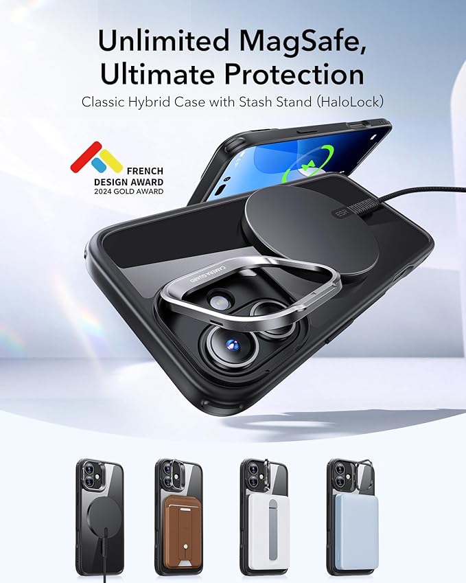 ESR for iPhone 16 Case, Compatible with MagSafe, Military-Grade Protective Case, Built-in Stash Stand Phone Case, Scratch-Resistant Back Cover, Classic Series, Clear Black