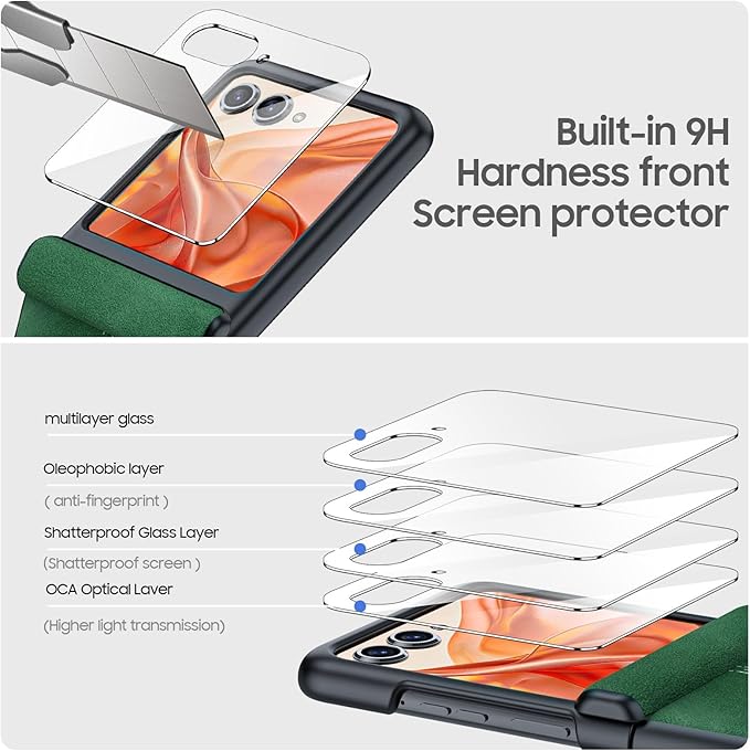 for Motorola Razr 2024 Case/Razr 2025 Case, Built-in Screen Protector & Hinge Protection & Ultra Thin PU Leather Matte PC Shockproof Phone Cover Smartphone Case for Moto Razr 2024/2025(Green)