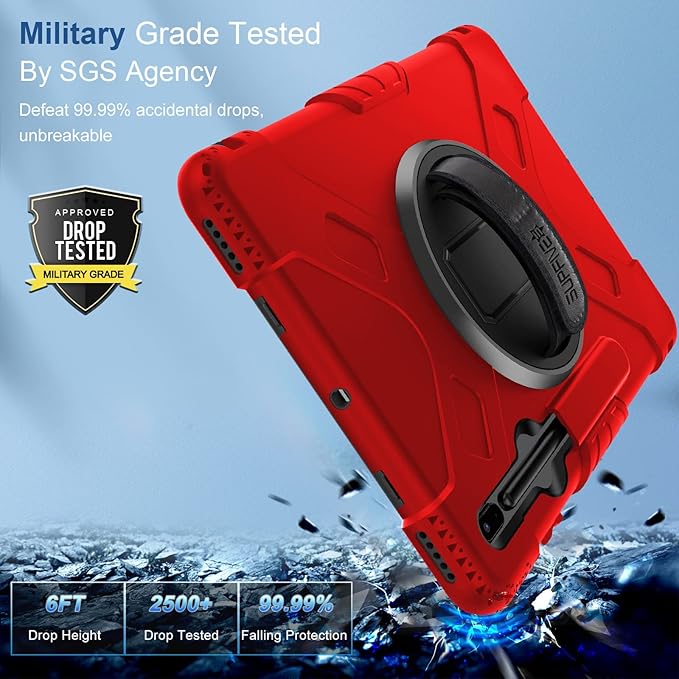 SUPFIVES Case for Samsung Galaxy Tab S7 FE 12.4 Inch 2021 : [Upgraded Military Grade] Full-Body Rugged Protective Soft Silicone Cover - Kick Stand- Handle/Shoulder Strap- S Pen Holder- Red