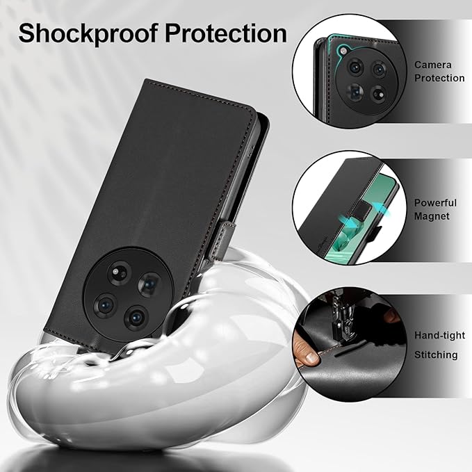 Wallet Flip Case for OnePlus 12 5G - [RFID Blocking] Luxury PU Leather Card Holder Magnetic Phone Cover with Kickstand,Shockproof Protective Case,Black