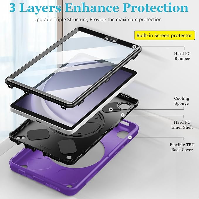 Case for Galaxy Tab A9 Plus 5G 2023: Heavy Duty TPU Cover for Samsung Tablet A9+ 11 Inch with Screen Protector- Stand - Handle - Shoulder Strap -S-Pen Holder- Purple