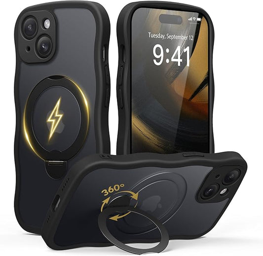 GolbinBox for iPhone 15 Plus Case for Women,[Compatible with Magsafe][360° Spin Magnetic Stand][Cute Wave Edge][Military-Grade Protection] Translucent Matte Phone Case for iPhone 15 Plus, Black