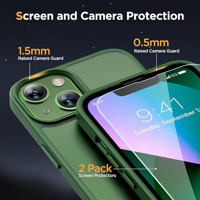 Miracase Magnetic for iPhone 13 Case 6.1 inch (Compatible with MagSafe)（with 2X Screen Protectors） Military-Grade Protection, Anti-Fingerprint Translucent Matte Phone Case Cover, Dark Green