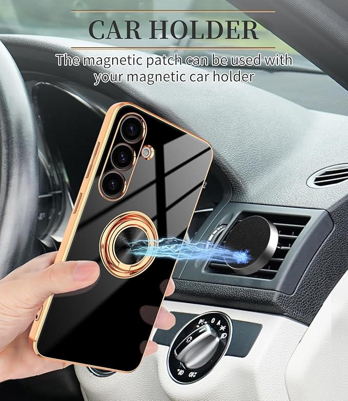 Dinick Black for Samsung Galaxy S24 Case with Ring Holder Kickstand [with Magnetic] Soft TPU Bumper, Glitter Gold Electroplated Cover Slim Thin Protective Phone Case for Galaxy S24