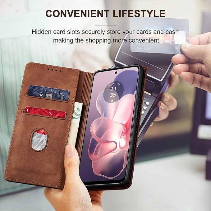 Jasonyu Flip Wallet Case for Moto G Power 5G (2024),Leather Magnetic Folio Cover with Card Holder,Kickstand - TPU Shockproof Durable Protective Phone Case,Brown