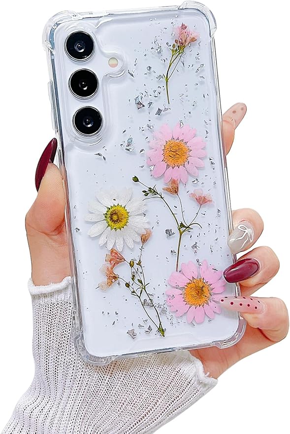 Compatible with Samsung Galaxy S25 Plus Case Cute Pressed Dried Real Flowers Women Girly Shockproof Glitter Floral Clear Phone Cover for Galaxy S25+ (Pink Flower)