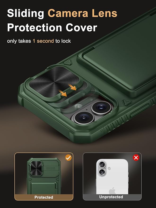 Vihibii for iPhone 16 Plus Case with Card Holder (4 Cards) [RFID Blocking] & Slide Camera Cover, Military Grade Drop Protection, Rugged Hard Back & Silicone Edge Wallet Phone Cover, 6.7" 2024, Green