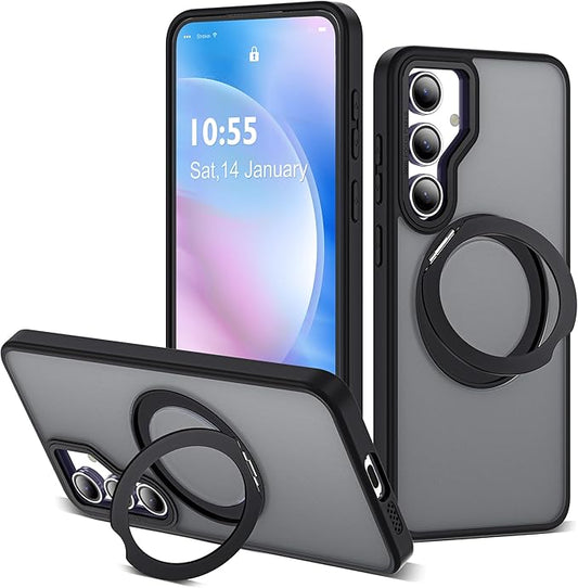 for Samsung Galaxy S23 FE Case with 360° Rotatable Magnetic Ring Stand Compatible with Mag-Safe Military Protection Shockproof Matte Translucent Phone Cases for S23 FE,Black