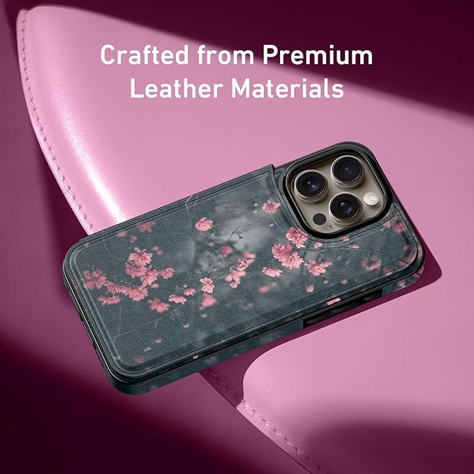 FUNMIKO for iPhone 13 Pro Max Wallet Case with Card Holder, RFID-Blocking, Military-Grade Protection & UV-Printed Artwork, Magnetic Closure with Leather Kickstand - Mystic Blooming Plum