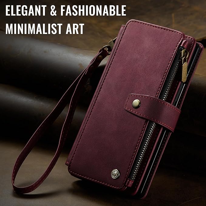 Vinich for Samsung Galaxy Z Fold 7 Wallet Case with Card Holder, Detachable Strap RFID Blocking Credit Slots Kickstand Shockproof Phone Cover for Women Men, Burgundy