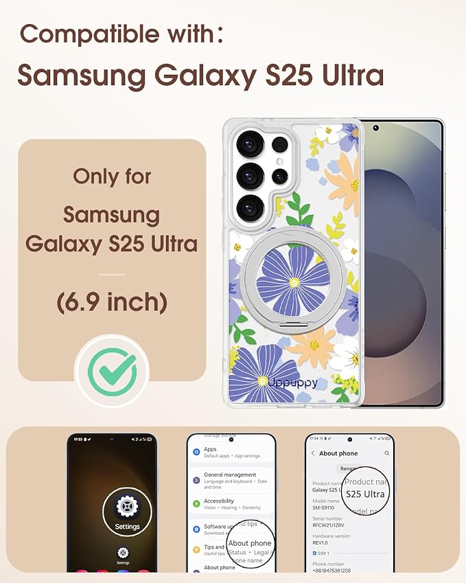 for Samsung Galaxy S25 Ultra Case with 360° Rotatable Magnetic Ring - Compatible with MagSafe, Semi-Transparent Soft-Touch Material Shockproof, Cute Purple Flower Design for Women Girl