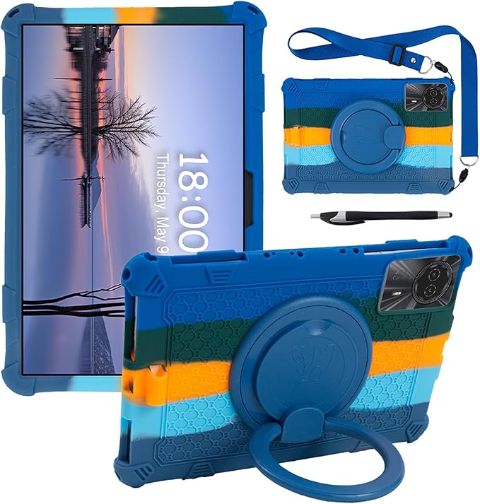 Tablet Case for 11 inch Teclast T50HD Soft Anti-Stress Silicone Case with 360° Rotate Stand/Pencil Holder/Shoulder Strap/Pen for Teclast/Lenovo/TCL/Huawei 11 inch (Colorful Blue)