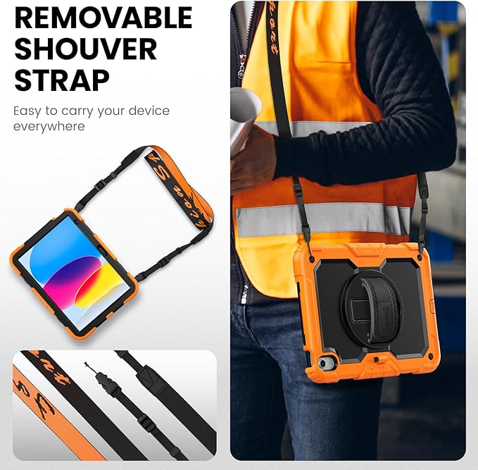 timecity for iPad (A16) 11th/ 10th Generation Case 11''/ 10.9 Inch (2025/2022) - Heavy Duty Protective Cover with Screen Protector, Stand, Shoulder Strap & Pencil Holder | Kids-Friendly - Orange