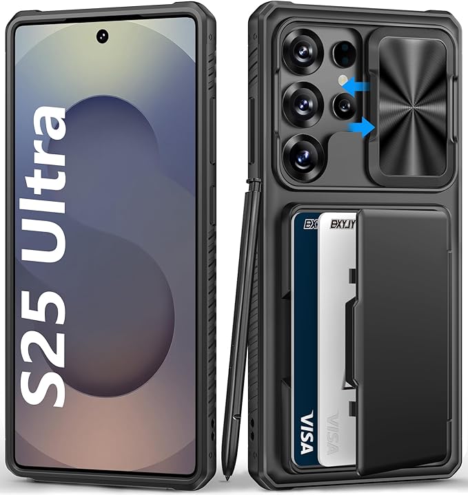 for Samsung Galaxy S25 Ultra Case Wallet, Card Holder (4-5 Cards), RFID Block, Slide Camera Cover, Military Grade Shockproof, Rugged Heavy Duty Men Women Phone Case for Samsung S25 Ultra, Black